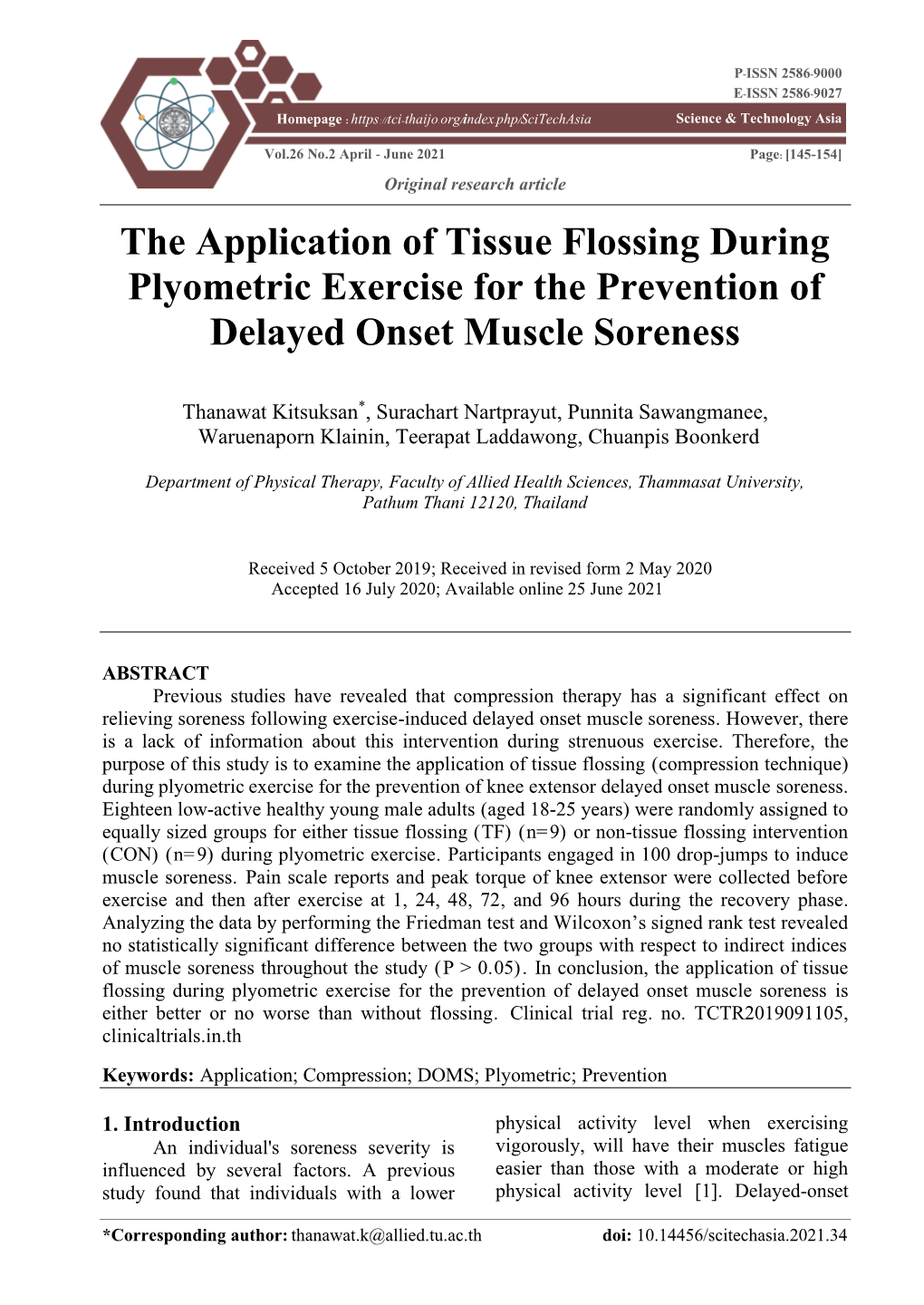 The Application of Tissue Flossing During Plyometric Exercise for the Prevention of Delayed Onset Muscle Soreness