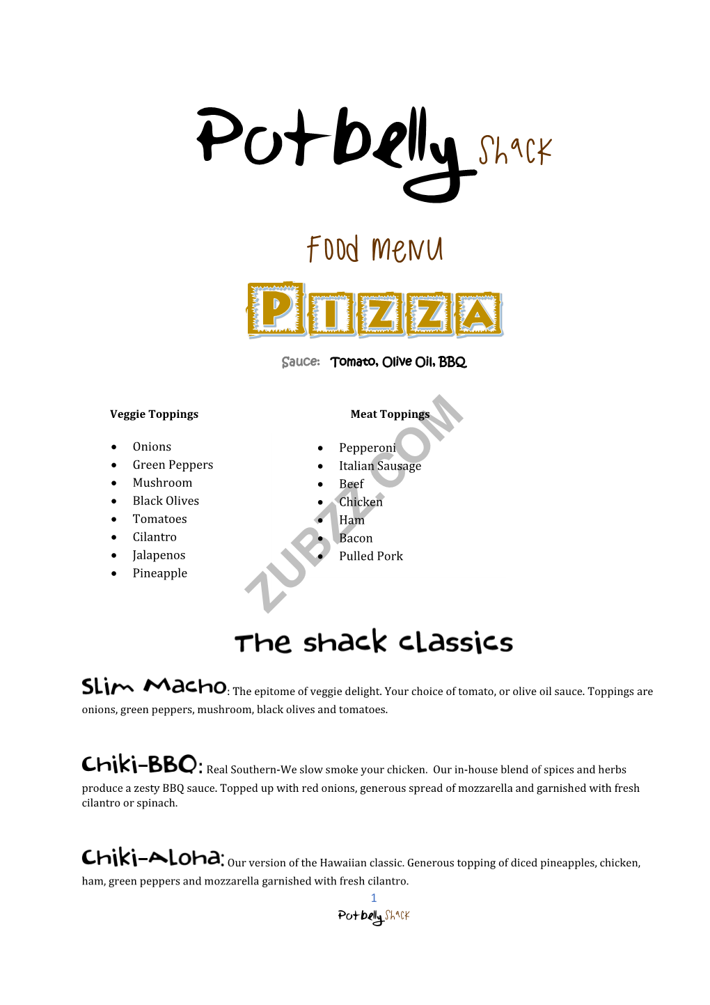 Potbelly Shack Food Menu