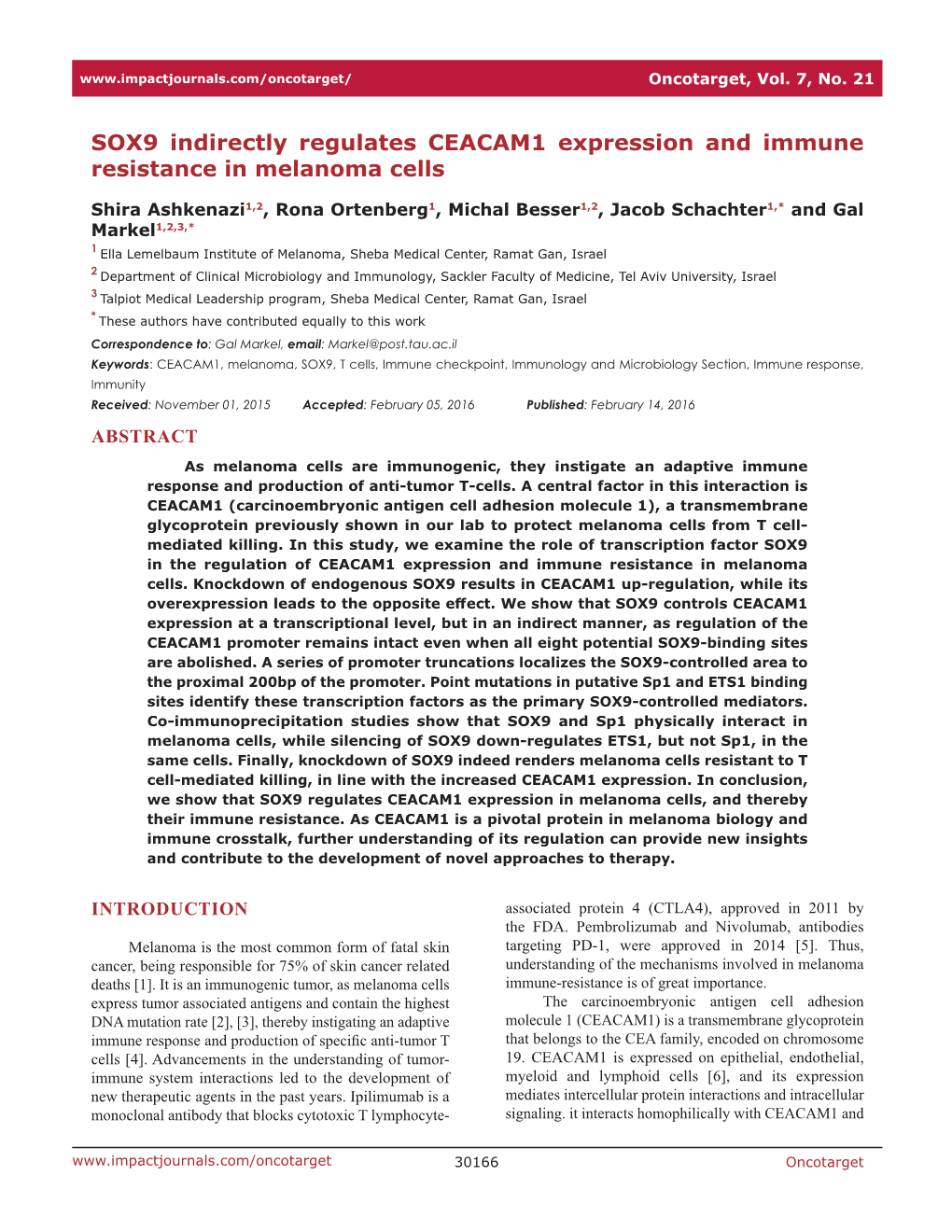 SOX9 Indirectly Regulates CEACAM1 Expression and Immune Resistance in Melanoma Cells