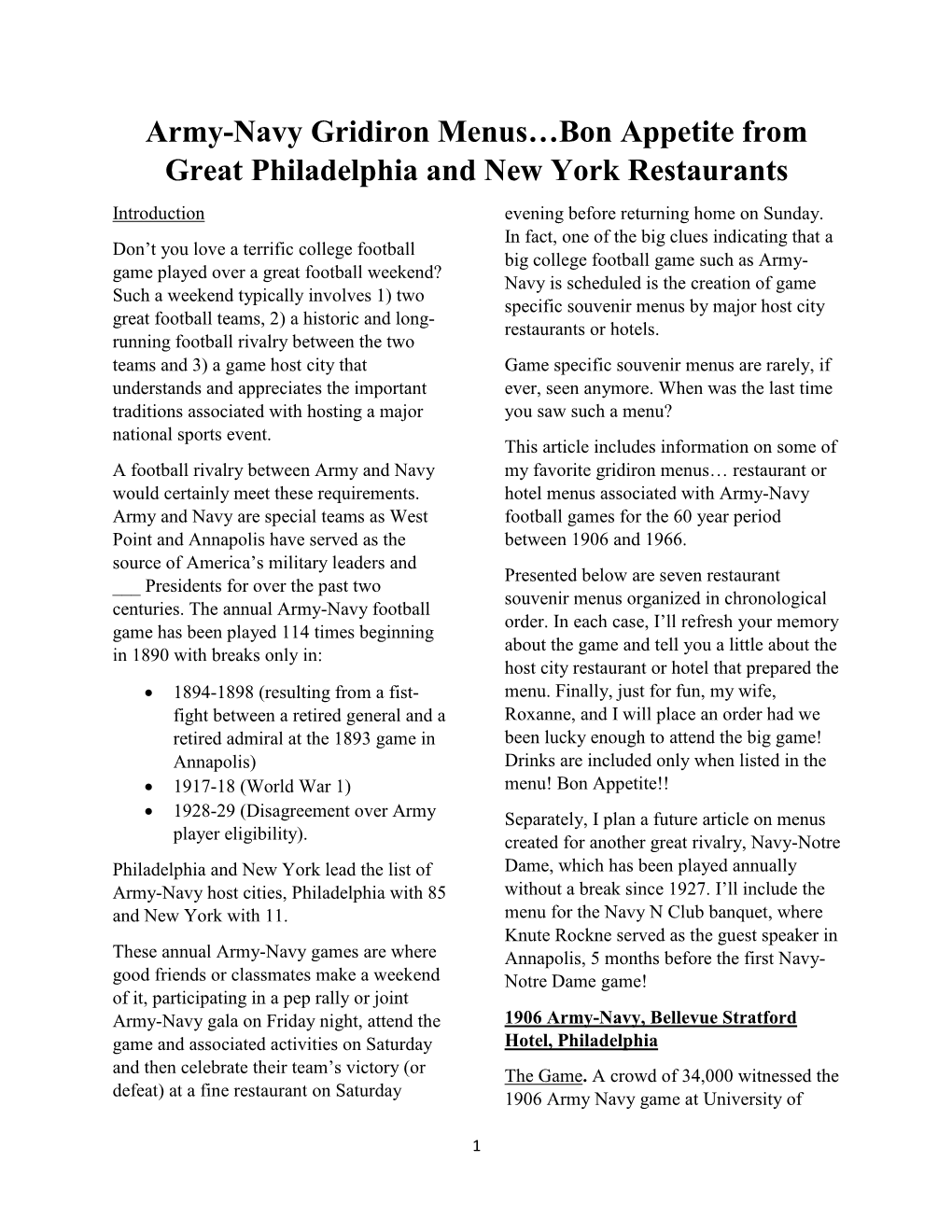 Army-Navy Gridiron Menus…Bon Appetite from Great Philadelphia and New York Restaurants Introduction Evening Before Returning Home on Sunday