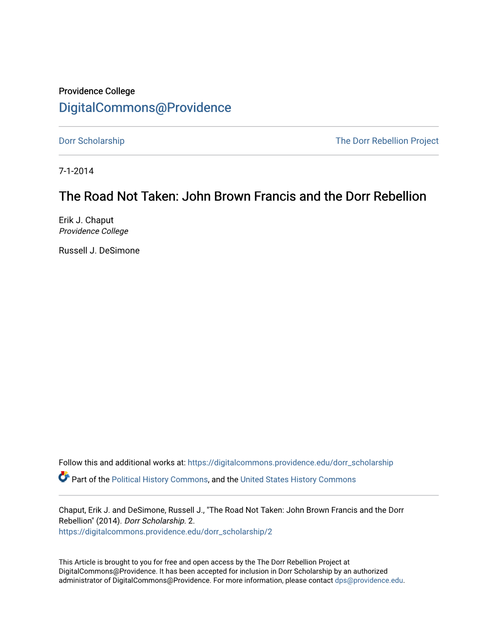 The Road Not Taken: John Brown Francis and the Dorr Rebellion