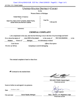 Criminal Complaint UNITED STATES DISTRICT COURT for the Western District of Michigan