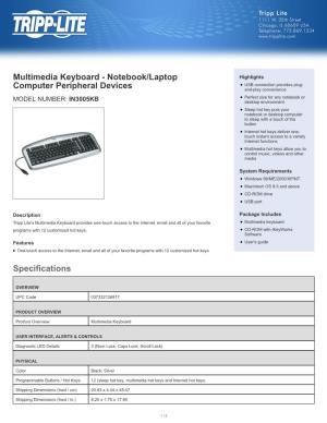 Specifications Multimedia Keyboard