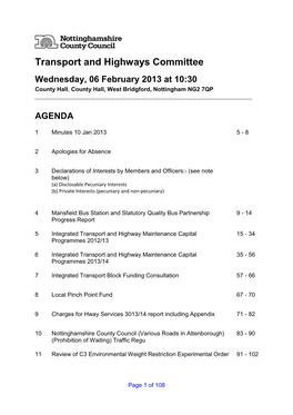 Transport and Highways Committee Wednesday, 06 February 2013 at 10:30 County Hall , County Hall, West Bridgford, Nottingham NG2 7QP