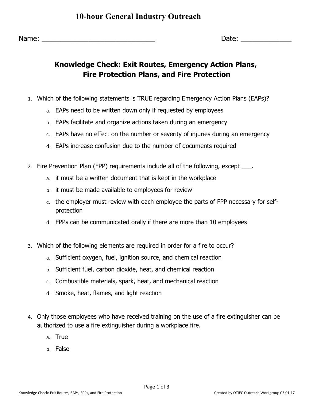 Exit Routes, Emergency Action Plans, Fire Prevention Plans, and Fire Protection Knowledge Check