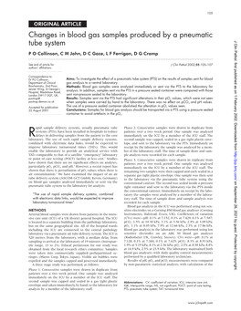 Changes in Blood Gas Samples Produced by a Pneumatic Tube System J Clin Pathol: First Published As on 1 February 2002