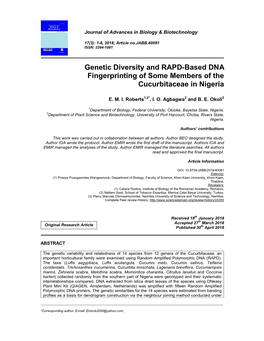 Genetic Diversity and RAPD-Based DNA Fingerprinting of Some Members of the Cucurbitaceae in Nigeria