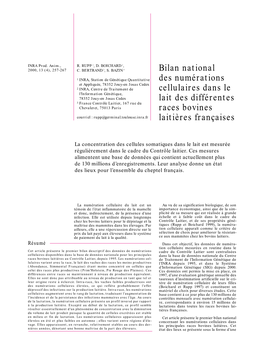 Bilan National Des Numérations Cellulaires Dans Le Lait Des