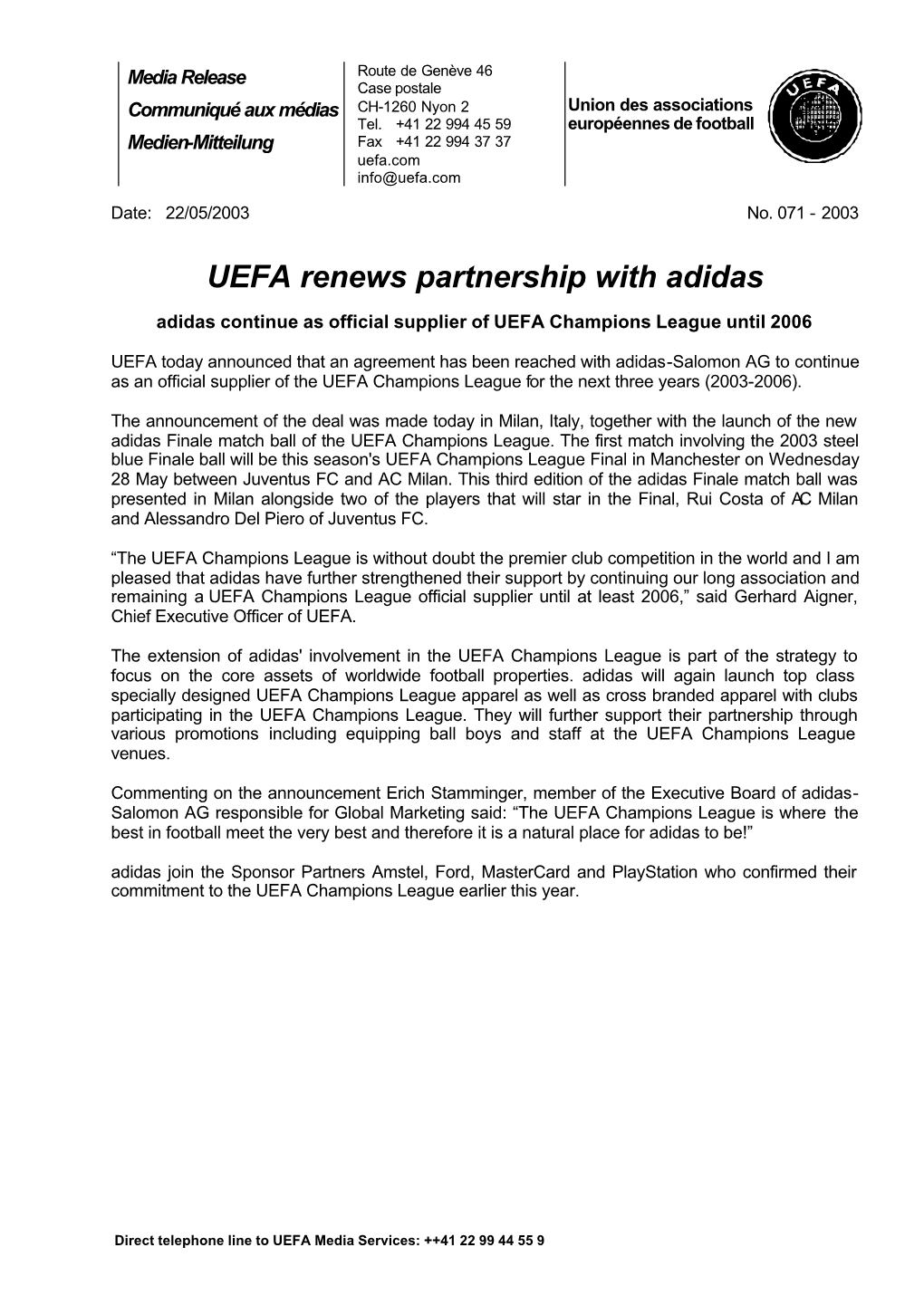 UEFA Renews Partnership with Adidas