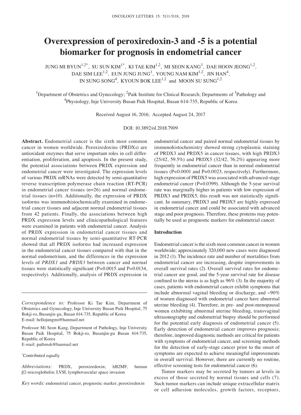 5 Is a Potential Biomarker for Prognosis in Endometrial Cancer