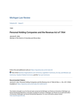 Personal Holding Companies and the Revenue Act of 1964