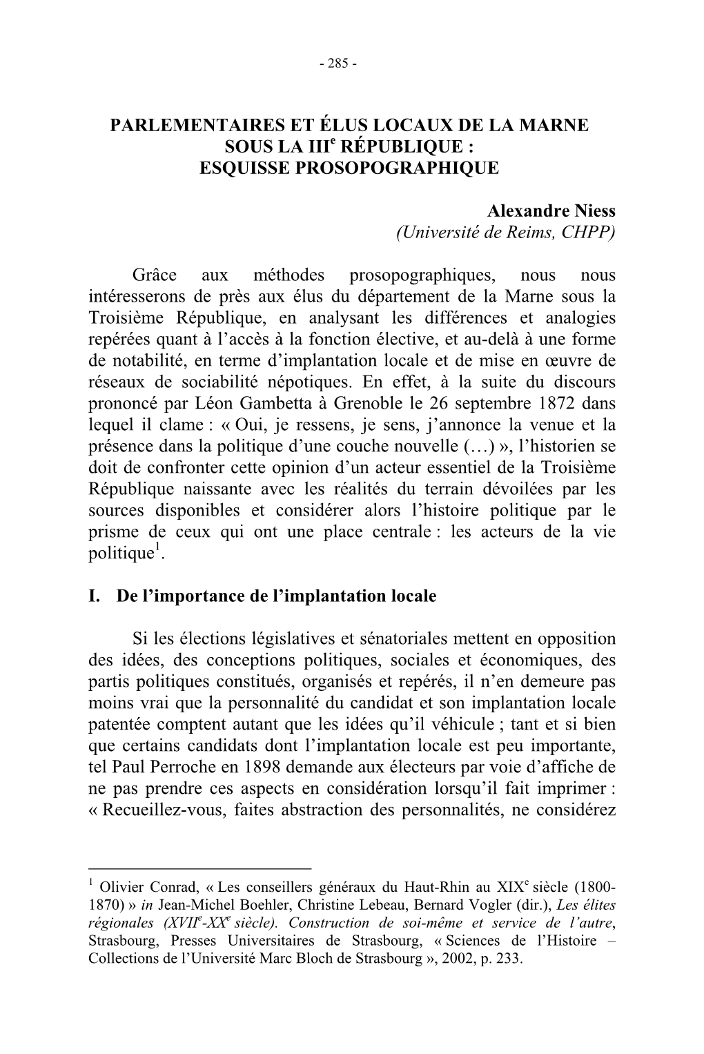 PARLEMENTAIRES ET ÉLUS LOCAUX DE LA MARNE SOUS LA Iiie RÉPUBLIQUE : ESQUISSE PROSOPOGRAPHIQUE