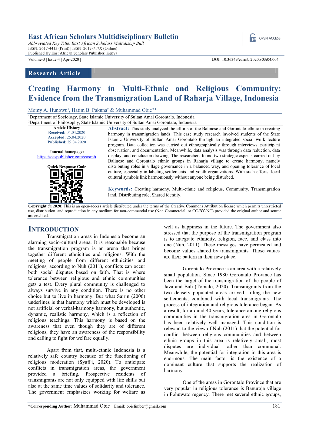 Creating Harmony in Multi-Ethnic and Religious Community: Evidence from the Transmigration Land of Raharja Village, Indonesia