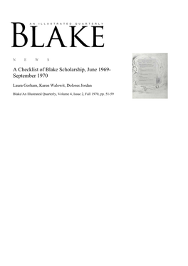 A Checklist of Blake Scholarship, June 1969-September 1970