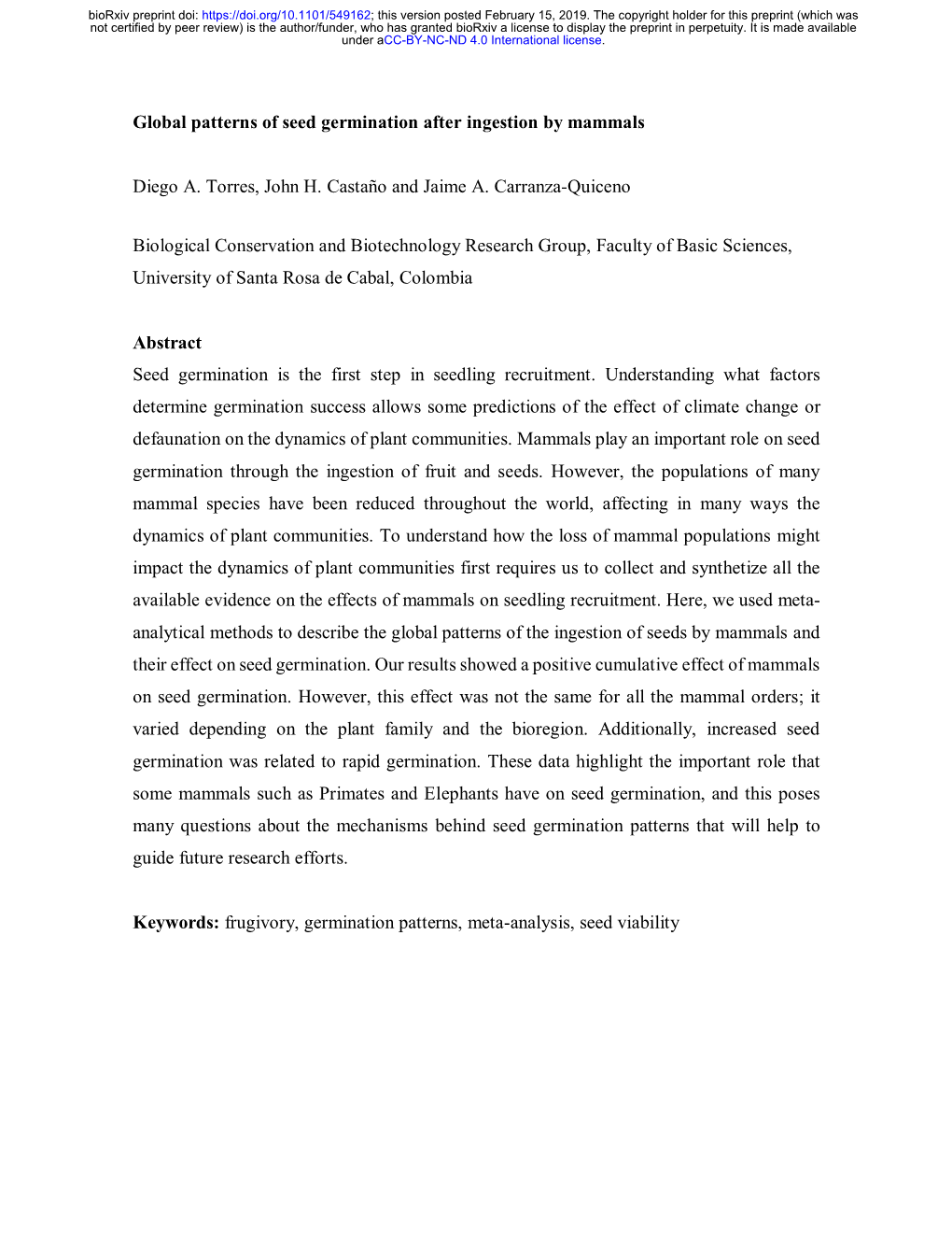 Global Patterns of Seed Germination After Ingestion by Mammals