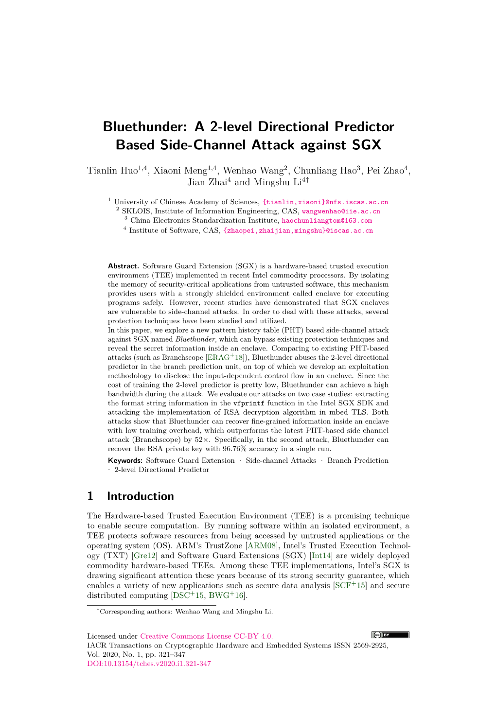 A 2-Level Directional Predictor Based Side-Channel Attack Against SGX