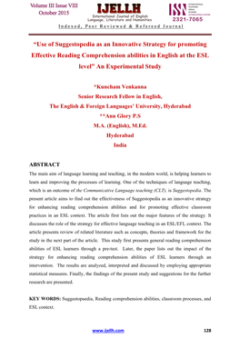 “Use of Suggestopedia As an Innovative Strategy for Promoting Effective Reading Comprehension Abilities in English at the ESL Level” an Experimental Study