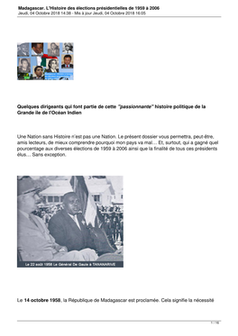 Madagascar. L'histoire Des Élections Présidentielles De 1959 À 2006 Jeudi, 04 Octobre 2018 14:38 - Mis À Jour Jeudi, 04 Octobre 2018 16:05