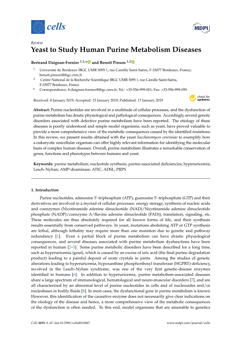 Yeast to Study Human Purine Metabolism Diseases