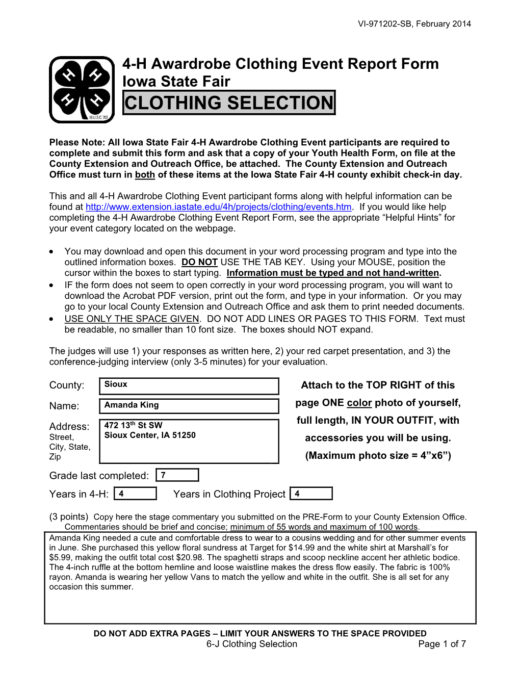 4-H Awardrobe Clothing Event Report Form Iowa State Fair CLOTHING SELECTION