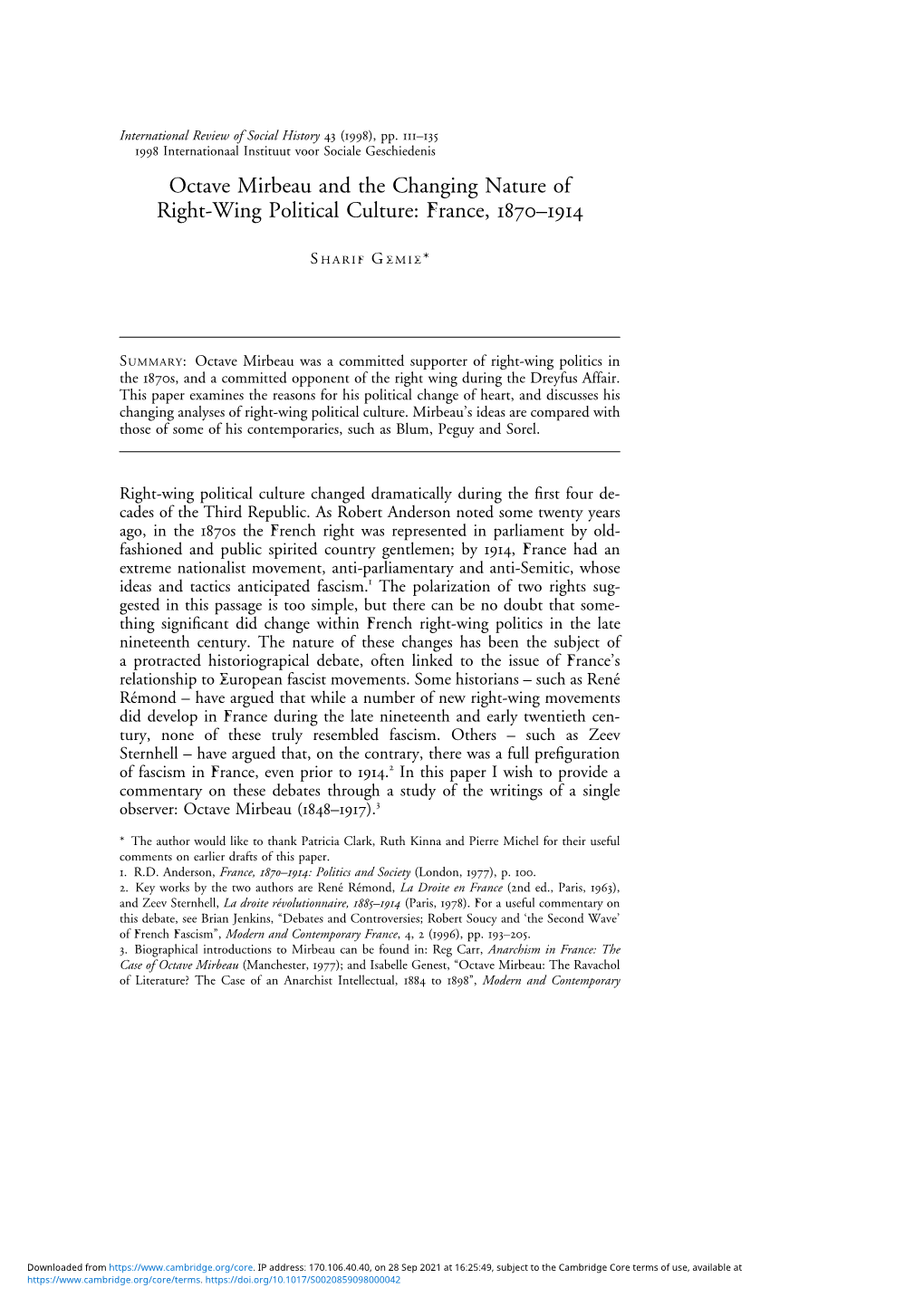 Octave Mirbeau and the Changing Nature of Right-Wing Political Culture: France, 1870–1914