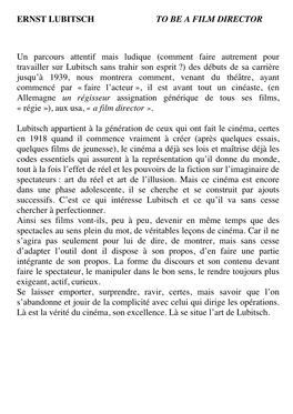 ERNST LUBITSCH to BE a FILM DIRECTOR Un Parcours Attentif Mais Ludique (Comment Faire Autrement Pour Travailler Sur Lubitsc