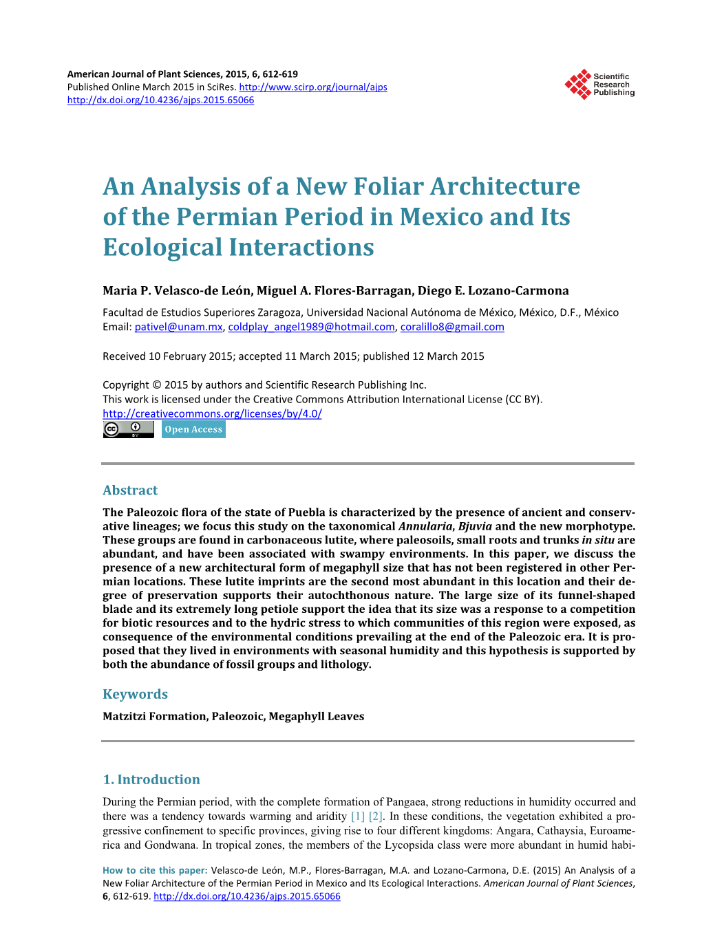 An Analysis of a New Foliar Architecture of the Permian Period in Mexico and Its Ecological Interactions