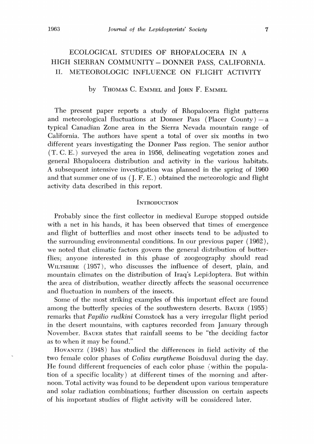 Ecological Studies of High Sierran Rhopalocera. II