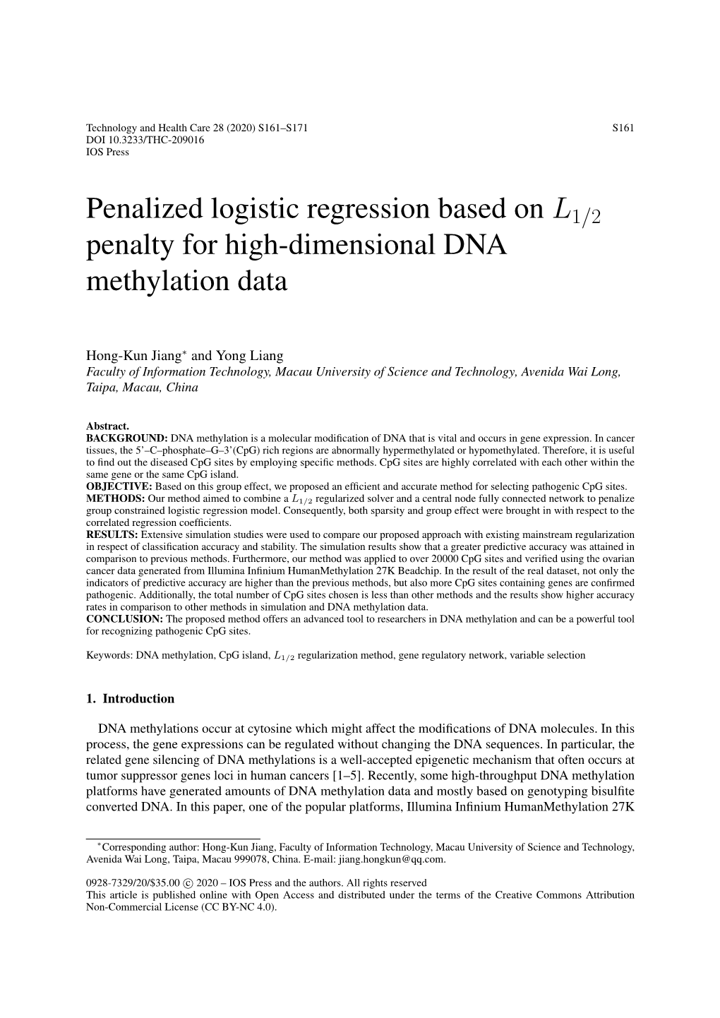 Penalized Logistic Regression Based on L1/2 Penalty for High-Dimensional DNA Methylation Data