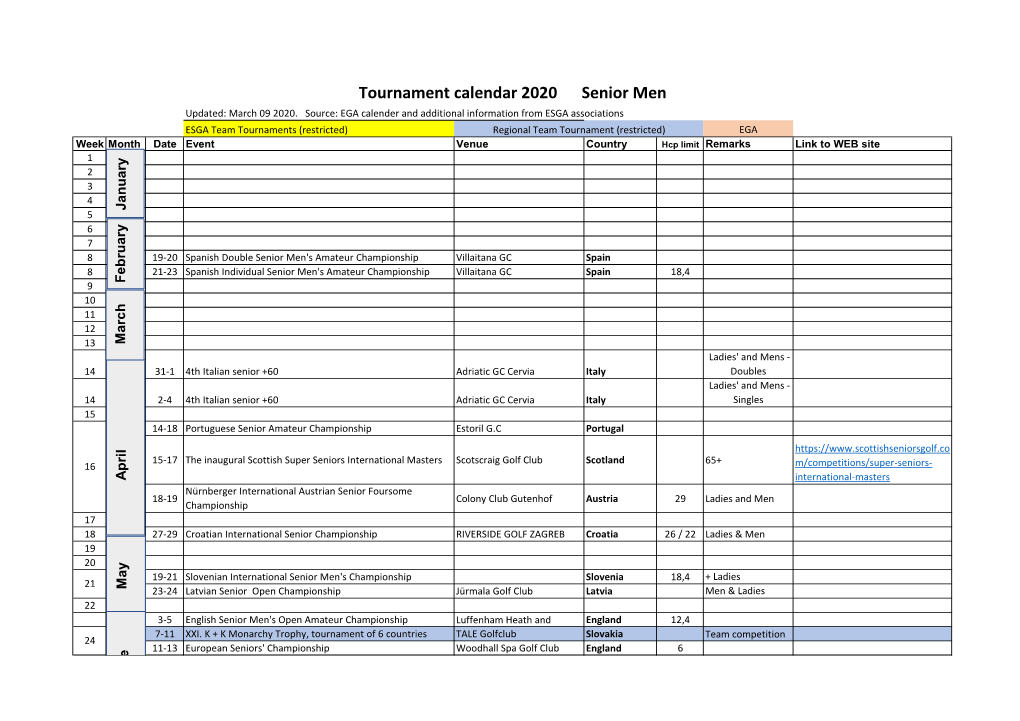 Tournament Calendar 2020 Senior Men Updated: March 09 2020