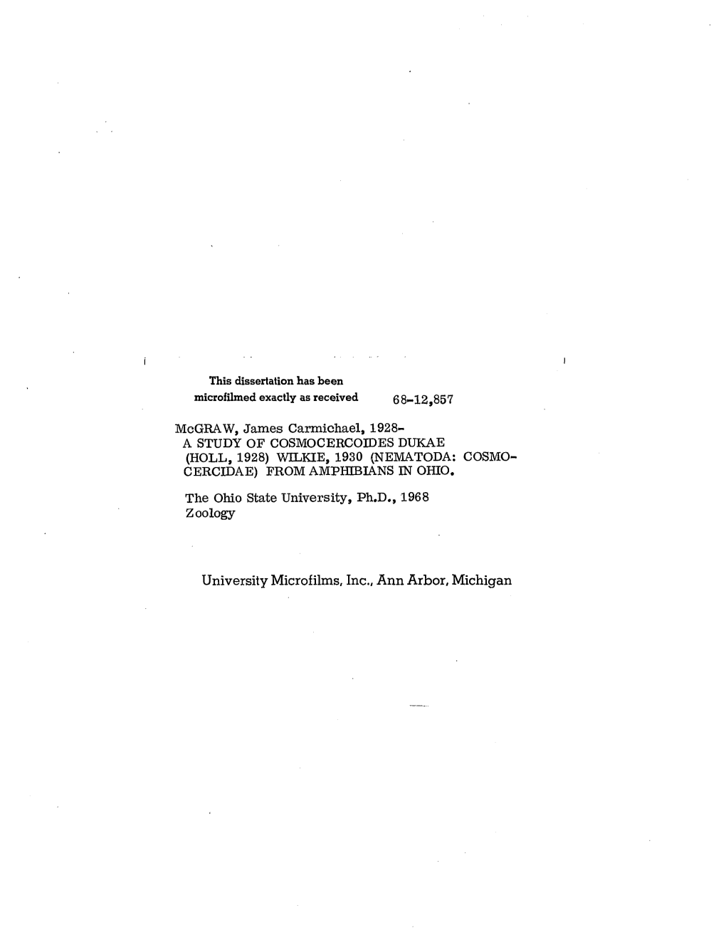 A Study of Cosmocercoides Dukae (Holl, 1928) Wilkie, 1930 (Nematoda: Cosmo- Cercidae) from Amphibians in Ohio