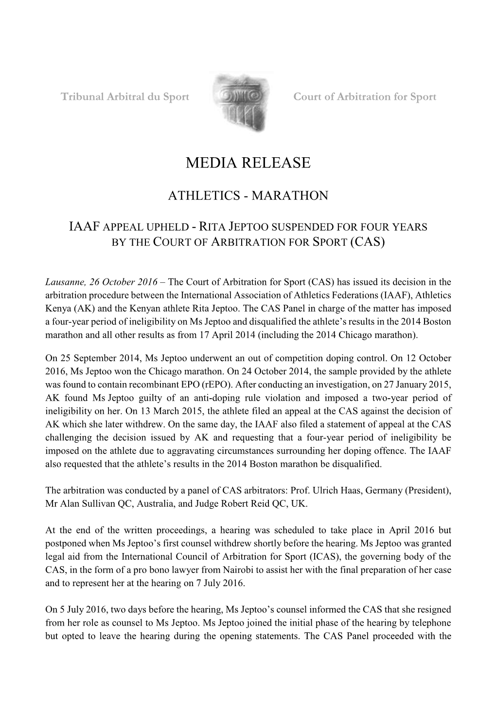 Iaaf Appeal Upheld - Rita Jeptoo Suspended for Four Years by the Court of Arbitration for Sport (Cas)