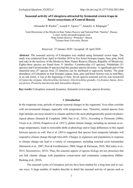 Seasonal Activity of Coleoptera Attracted by Fermental Crown Traps in Forest Ecosystems of Central Russia