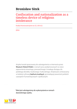 Bronisław Sitek Confiscation and Nationalization As a Timeless Device of Religious Intolerance