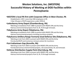 (WESTON) History of Working at DOD Facilities Within Pennsylvania