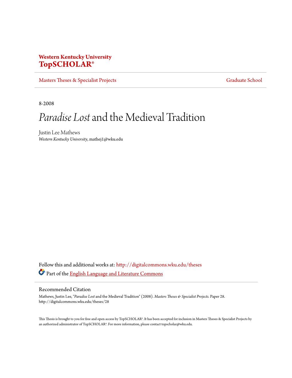 <I>Paradise Lost</I> and the Medieval Tradition