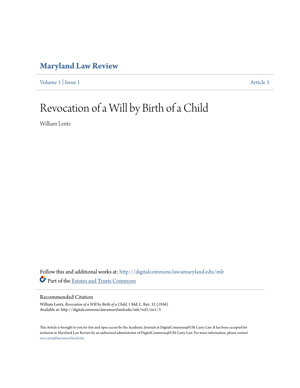 Revocation of a Will by Birth of a Child William Lentz