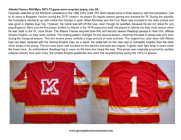 Atlanta Flames Phil Myre 1972-73 Game Worn Recycled Jersey, Size 50