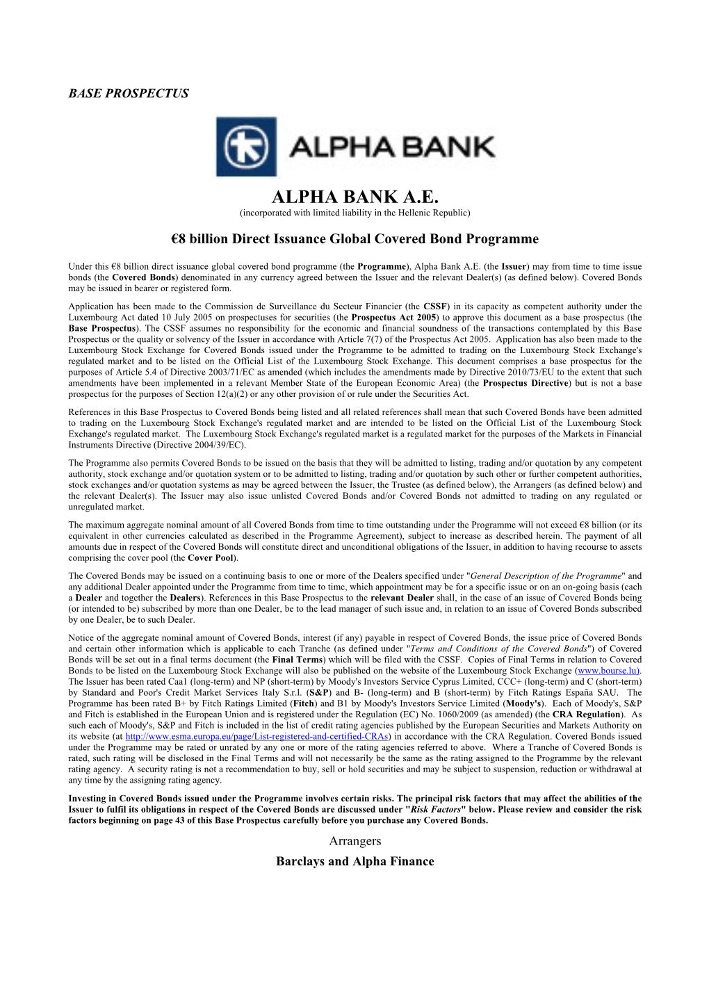ALPHA BANK A.E. (Incorporated with Limited Liability in the Hellenic Republic) €8 Billion Direct Issuance Global Covered Bond Programme