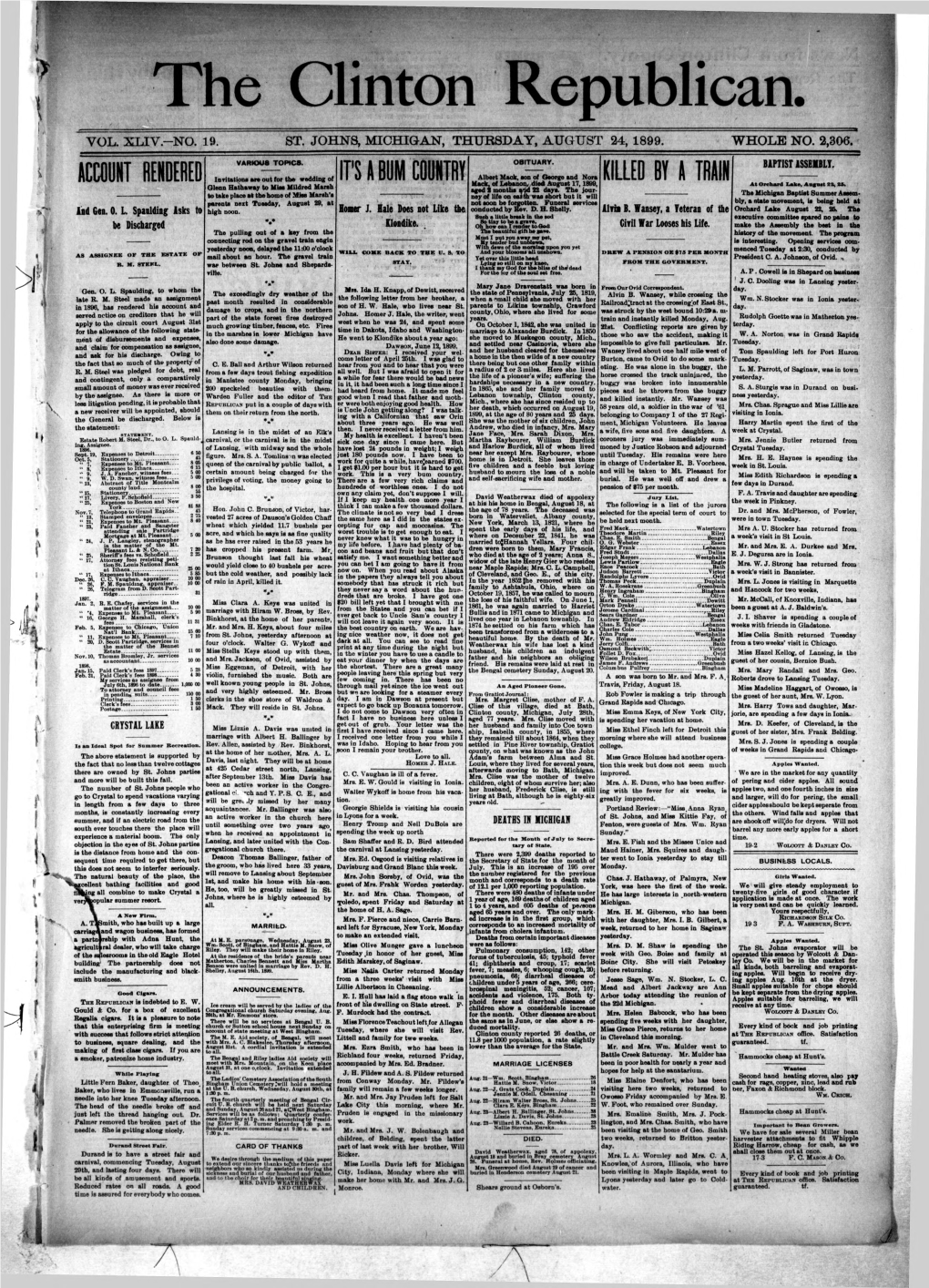 KILLED by a TRAIN Mack, of Lebanon, Died August 17,1899, at Orchard Lake, August %%, 38, Glenn Hathaway to Miss Mildred Marsh Aged* Months Arid 22 Daye