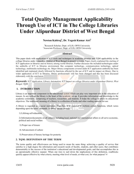 Total Quality Management Applicability Through Use of ICT in the College Libraries Under Alipurduar District of West Bengal