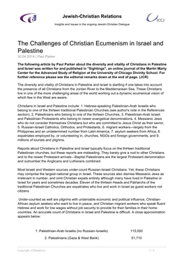 The Challenges of Christian Ecumenism in Israel and Palestine 30.04.2014 | Paul Parker