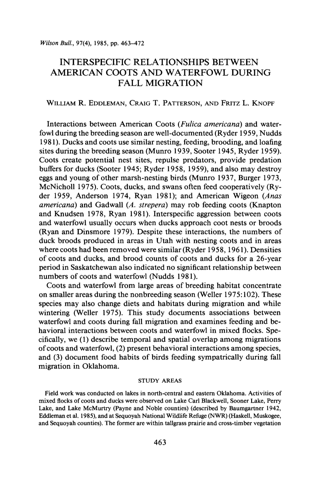 Interspecific Relationships Between American Coots and Waterfowl During Fall Migration