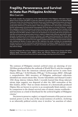 Fragility, Perseverance, and Survival in State-Run Philippine Archives Bliss Cua Lim