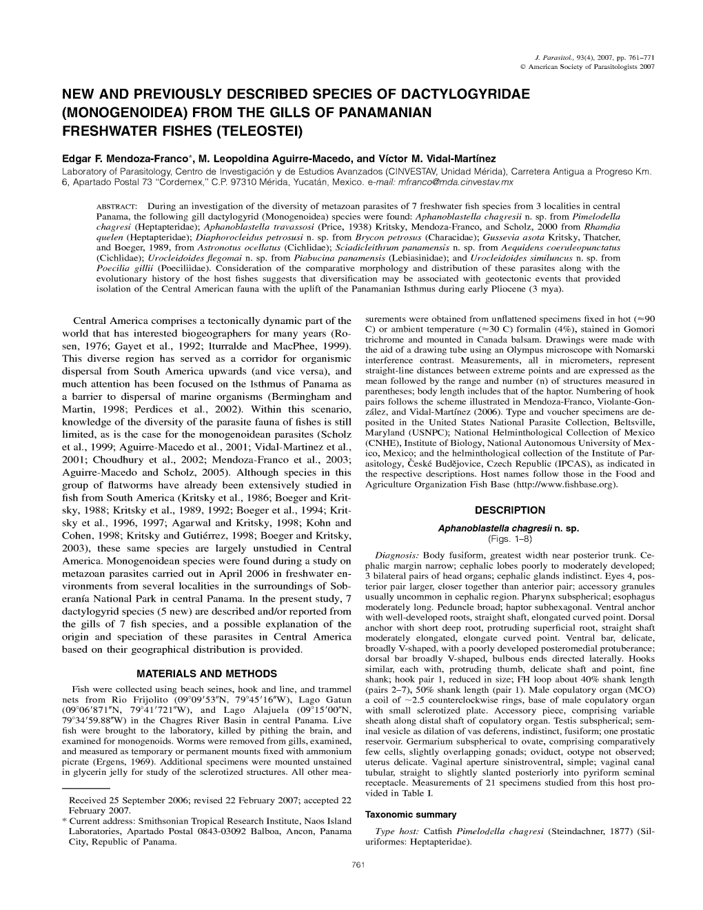 From the Gills of Panamanian Freshwater Fishes (Teleostei)