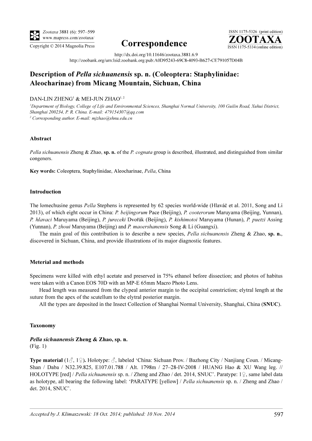 Description of Pella Sichuanensis Sp. N. (Coleoptera: Staphylinidae: Aleocharinae) from Micang Mountain, Sichuan, China