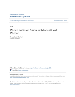 Warren Robinson Austin: a Reluctant Cold Warrior Ronald Colin Macneil University of Vermont
