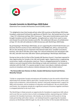 Canada Commits to World Expo 2020 Dubai Statements from Canada-UAE Business Council (CUBC) Leaders