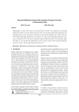 Research Publication Trends of the Scientists of Tezpur University: a Scientometric Study Rubi Goswami Tilak Hazarika Abstract