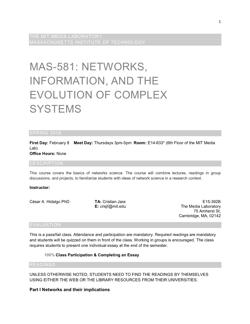 Mas-581: Networks, Information, and the Evolution of Complex Systems